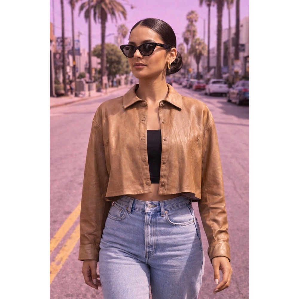 LAMARQUE Womens Cropped Leather Shacket Camel Tan Snap Front Jacket Small